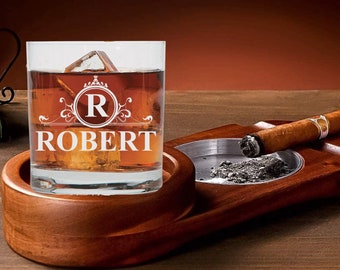 Wood Cigar Holder and Whiskey Glass Coaster, Custom Cigar Wood Ashtray, Custom Whiskey Glass Cigar Holder, Personalized Engraved Mens Gift
