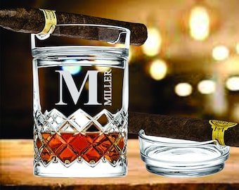 Crystal Bourbon and Whiskey Glass Gift, Custom Cigar Glass Ashtray, Custom Whiskey Glass Cigar Holder, Personalized Gift, Engraved Mens Gift