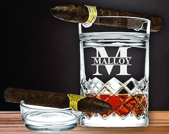 Cigar Aficianado Gifts, Bourbon and Whiskey Glasses, Cigar Ashtray Holder, Engraved Whiskey Glass Cigar Holder, Personalized Christmas Gift