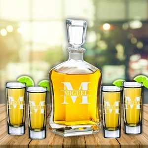 Custom Engraved Tequila Decanter Set, Tequila Shot Glasses, Personalized Tequila Shooter Glass, Father Chirstmas Gift, Glass Gift for Men