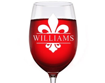 Personalized Fleur De Lis Monogram Wine Glass, Custom Wine Glass,Monogram Design Wine glass,Personalized wine glass Gift,Engraved Wine Glass