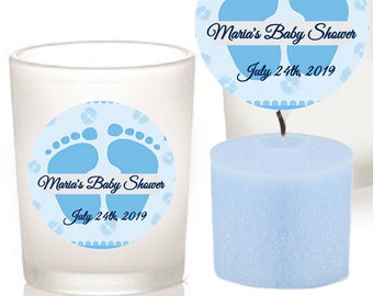 Personalized Baby Feet Baby Shower Votive Candle Holder Favor, Scented Blue Boy Candle Favors, New Baby Party Favor,Christening Candle favor