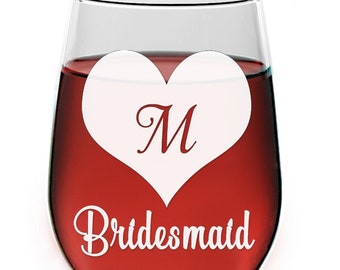 Bridesmaid Monogram Heart Stemless Wine Glass Gift Personalized, Bridesmaid Stemless Wine Glasses, Bridal Party Gift, Bride glass