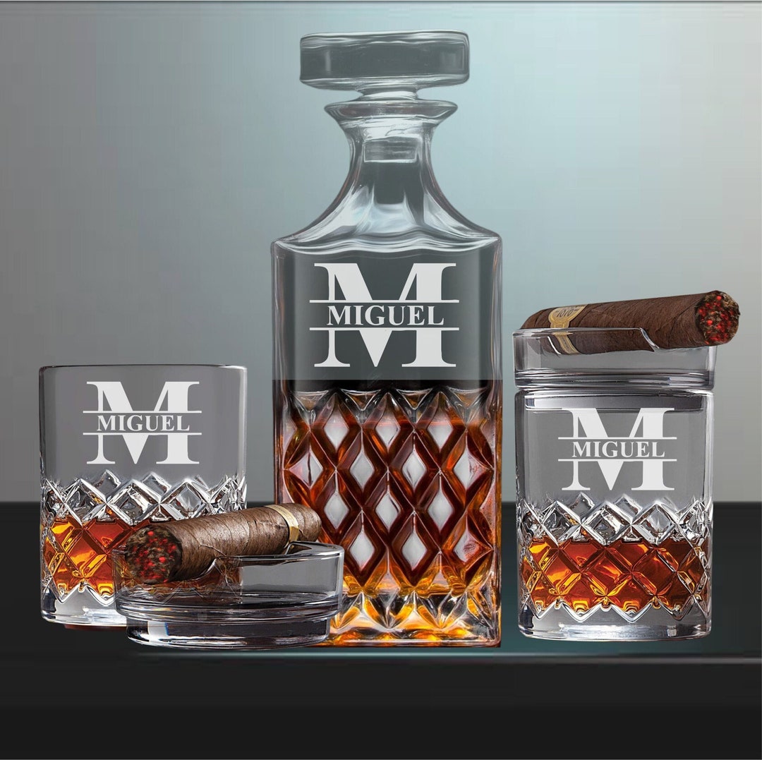 Personalized Whiskey Decanter Set With Cigar Glasses - Custom Engraved ...