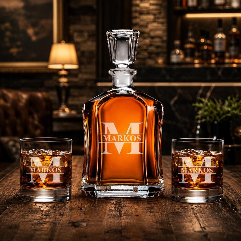 May include: A personalized whiskey decanter set with two matching glasses. The decanter and glasses are engraved with the name "MARKOS" and the letter "M". The set is filled with amber-colored liquid and sits on a wooden surface.