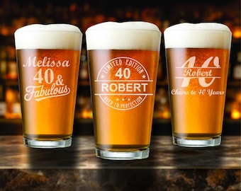 40th Birthday Beer Glass Favors – Personalized Pint Glass – Aged to Perfection 40 Gift – Custom Beer Glasses – Birthday Party Favor
