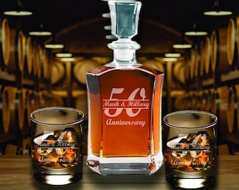 Custom 50th Anniversary Whiskey Decanter Gift – Engraved Bourbon Decanter Set – Personalized Golden 50 Year Wedding Gift for Couples