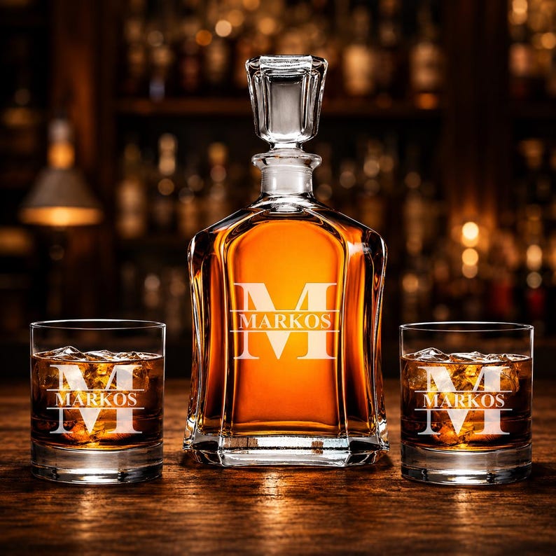 May include: A crystal whiskey decanter and two matching glasses, each engraved with the name "MARKOS" and a large initial "M". The decanter is filled with amber liquid, and the glasses contain ice.