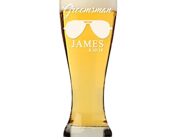 Personalized Groomsman Pub Pilsner Glass, Sun Glasses Groomsman Beer Gift, Engraved Groomsmen Beer Glass, Beer Mug Best Man gift, Groom Beer