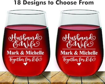 Husband and Wife For Life Custom Wedding Couples Stemless Wine Glass, 2 pc Set Wine Glass, Monogram Wine glass, Wedding Wine Glass, Favors