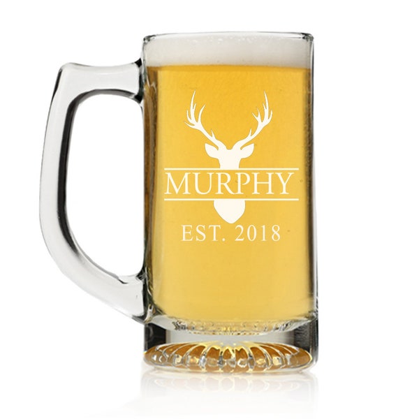 Personalized Deer Hunter Monogram Beer Mug Glass, Custom Beer glass,Personalized Beer Glass Gift,Engraved Beer Mugs,Groomsman Gifts