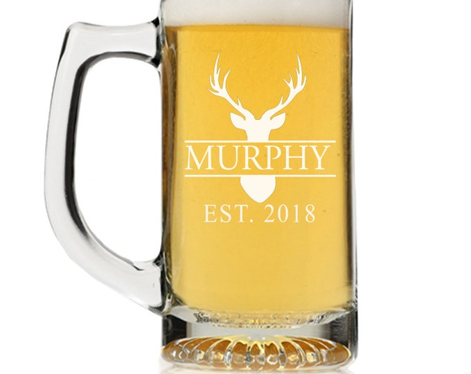 Personalized Deer Hunter Monogram Beer Mug Glass, Custom Beer glass,Personalized Beer Glass Gift,Engraved Beer Mugs,Groomsman Gifts
