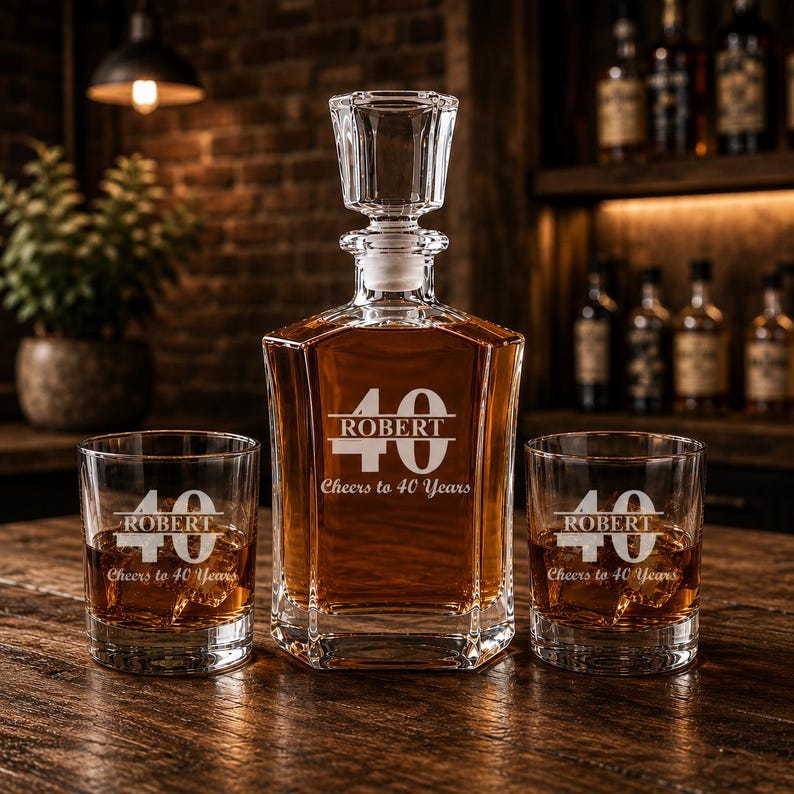 May include: A personalized whiskey decanter set with two glasses. The decanter and glasses are engraved with "ROBERT", the number "40", and "Cheers to 40 Years". The set is filled with amber liquid and sits on a wooden surface.