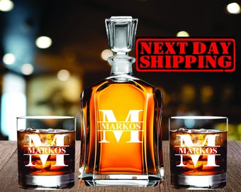 Personalized Glass Whiskey Decanter Set - Custom Engraved Bourbon Gift for Men - Whiskey Rocks Glasses - Gift for Dad - Birthday Gift Men
