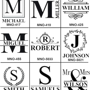 May include: Chart of nine different monogram designs for personalized gifts. Each design features a different letter and name, such as Michael, Miller, William, Miguel, Robert, Johnson, Smith, Samuels, and Wilson. The designs are numbered MNO-417, MNO-410, MNO-425, MNO-455, MNO-5033, MNO-5021, MNO-731, MNO-788, and MNO-300.