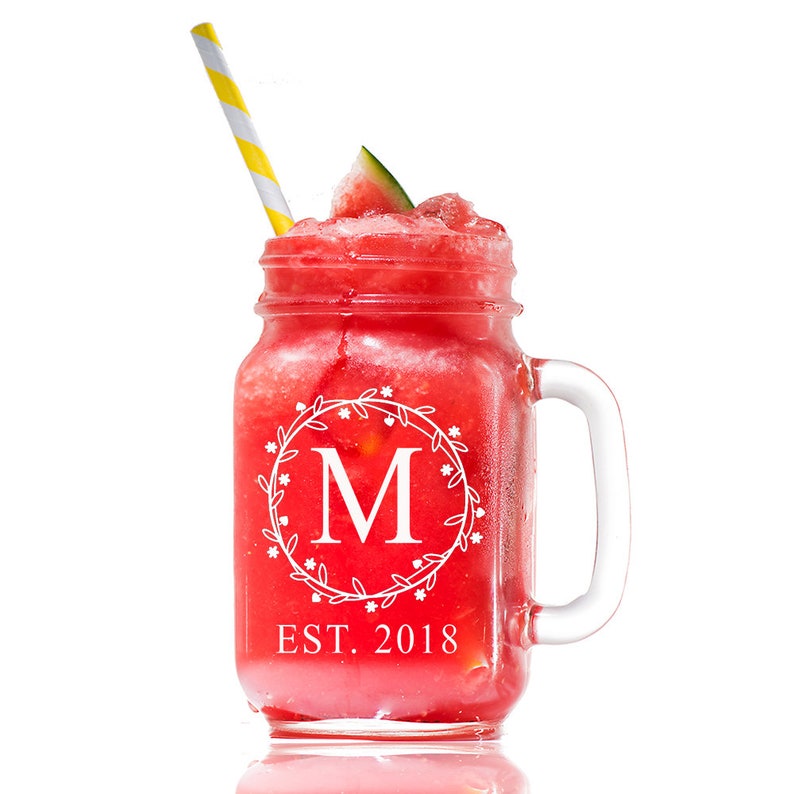 Wreath Monogram Personalized Mason Jar Glass, Custom Monogram Mason