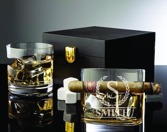 Whiskey Glass Cigar Holder & Stones Gift Set – Personalized Bourbon Glasses - Elegant Wooden Gift Box Option - Cigars Holder