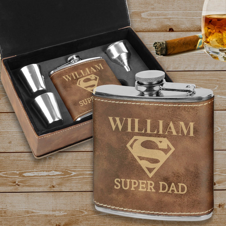 Super Father gift Flask gift for dad Custom Super Dad Flask Father/'s Day Gift Man cave gift,Fun gifts for Dad Leatherette Flask gift set