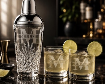 Custom Engraved Cocktail Shaker Set, Rocks Martini Glasses, Personalized Martini Cocktail Shaker, Father Chirstmas Gift, Gift for Woman, Men