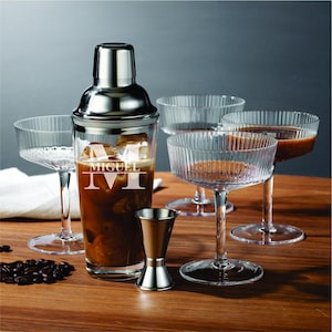 Personalized Cocktail Shaker Set – 6-Piece Espresso Martini Gift - Crystal Coupes, Shaker & Jigger - Housewarming