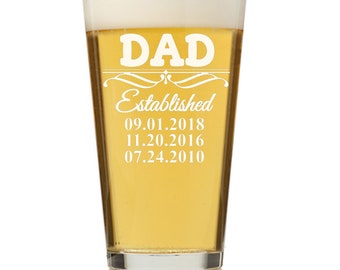 Custom Dad Established Pint Beer Glass Father's Day Gift,  Family Tree Custom Engraved Beer glass, Personalized Dad Beer Glass, Dad Birthday