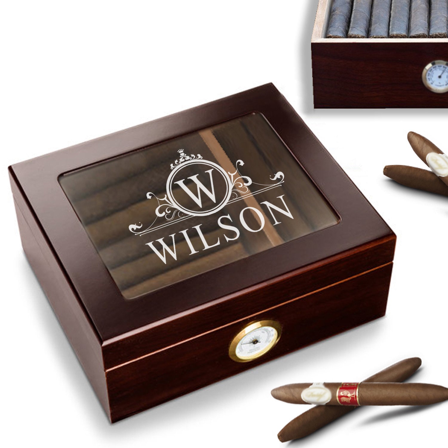 Personalized Cigar Humidor - Engraved LV Louis Vuitton Logo Design