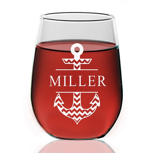 Personalized Stemless Wine Glass, Nautical Wine Glass, Split Monogram Wine glass, Custom wine glass Bridesmaid Gift, Groomsman Wine Glass