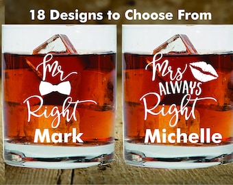 Funny Mr Right and Mrs Always Right Wedding Whiskey Glasses, Wedding Gift for Couples, 2 pc Set Whiskey Glass, Wedding Couples Scotch Glass