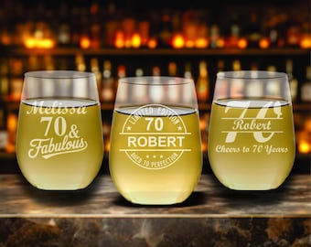 70 and Fabulous 70th Birthday Stemless Wine Glass Favors – Personalized Wine Glasses – Custom Engraved 70th Birthday Party Favors 12 Pc Set