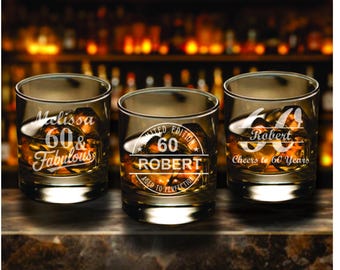 60th Birthday Whiskey Glass Favor, Aged to Perfection Bourbon Tumbler, Birthday Party Favors- 12 pc Set