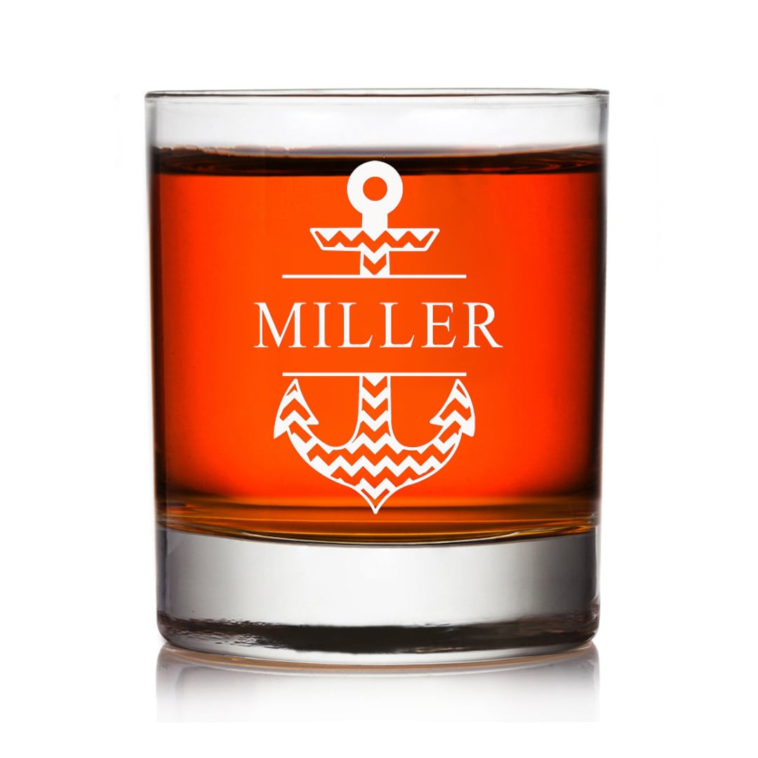 Personalized Whiskey Glasses, Engraved Anchor Design Rocks Glass Gift