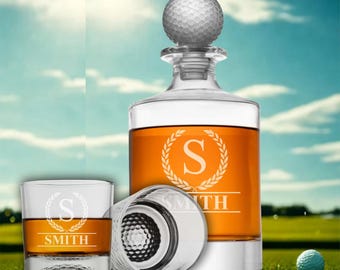 Christmas Golf Whiskey Decanter Set with Embossed Golf Ball Topper & Personalized Glasses – Laser Engraved Gift for Golfers