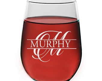 Personalized Monogram Stemless Wine Glass, Engraved Wine Glass, Split Monogram Wine glass, Wine glass Bridesmaid Gift, Groomsman Wine Glass
