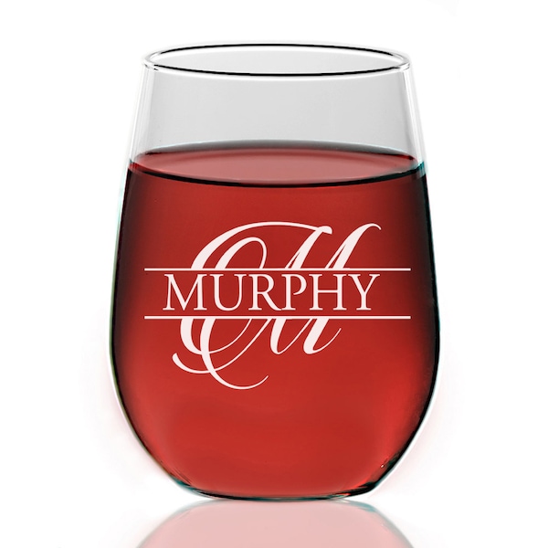 Personalized Monogram Stemless Wine Glass, Engraved Wine Glass, Split Monogram Wine glass, Wine glass Bridesmaid Gift, Groomsman Wine Glass