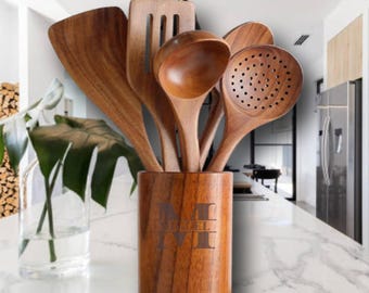 Teak Wooden Cooking Utensils Set of 6 • Natural Wood Kitchen Spoons & Spatulas with Holder • Wooden Spoon Set • Housewarming Gift