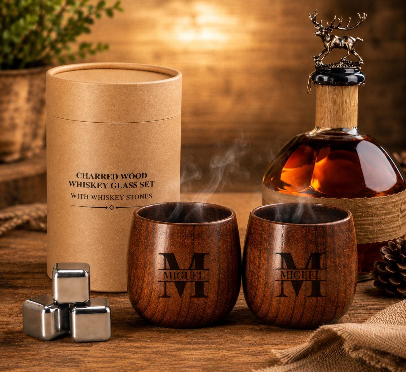 Charred Wood Bourbon Cup Personalized Men Gifts Whiskey Glass and Stones Anniversary Birthday Gift