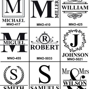 May include: A chart displaying various monogram and name designs in black and white. The designs include initials, names, and combinations, such as "Mr & Mrs Wilson". Each design is labeled with a unique code.