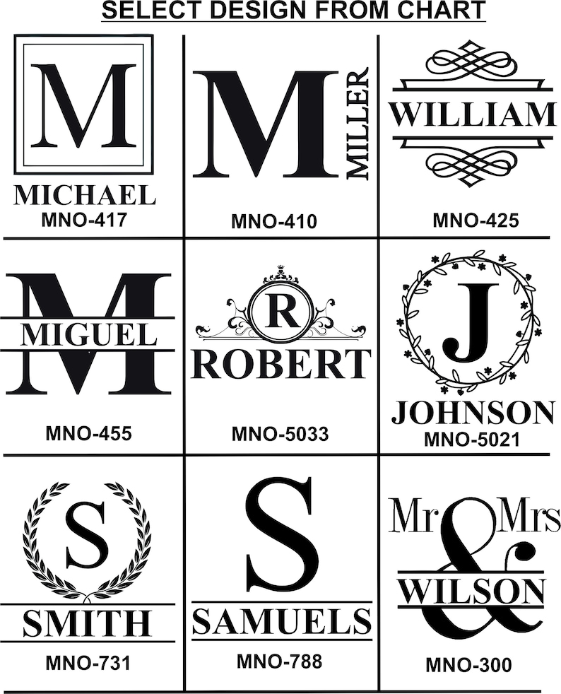 May include: A chart displaying various monogram and name designs in black and white. The designs include initials, names, and combinations, such as "Mr & Mrs Wilson". Each design is labeled with a unique code.