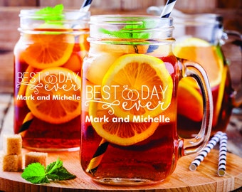 Best Day Ever Wedding Mason Jar Glass with handle , Personalized 2 pc Set Mason Jar Drinking Glass Gift, Mason Jar gift, Custom Mason Jar