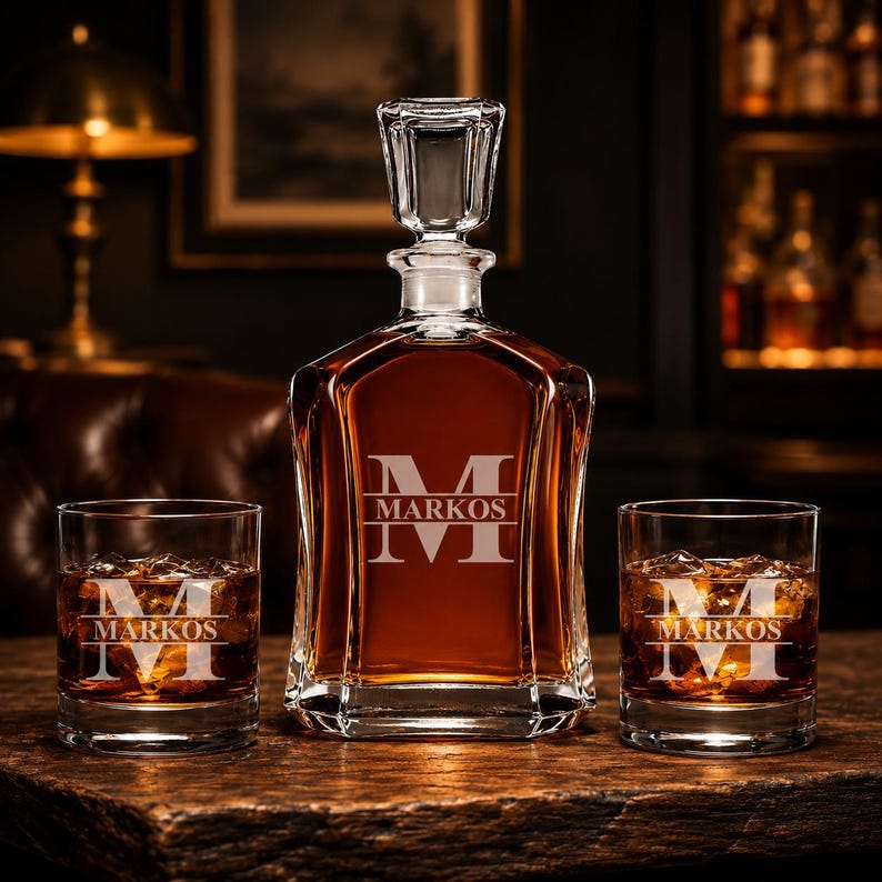 May include: A personalized whiskey decanter and two matching glasses. The decanter and glasses are engraved with the letter "M" and the name "Markos". The decanter is filled with amber liquid. The set is displayed on a wooden surface.