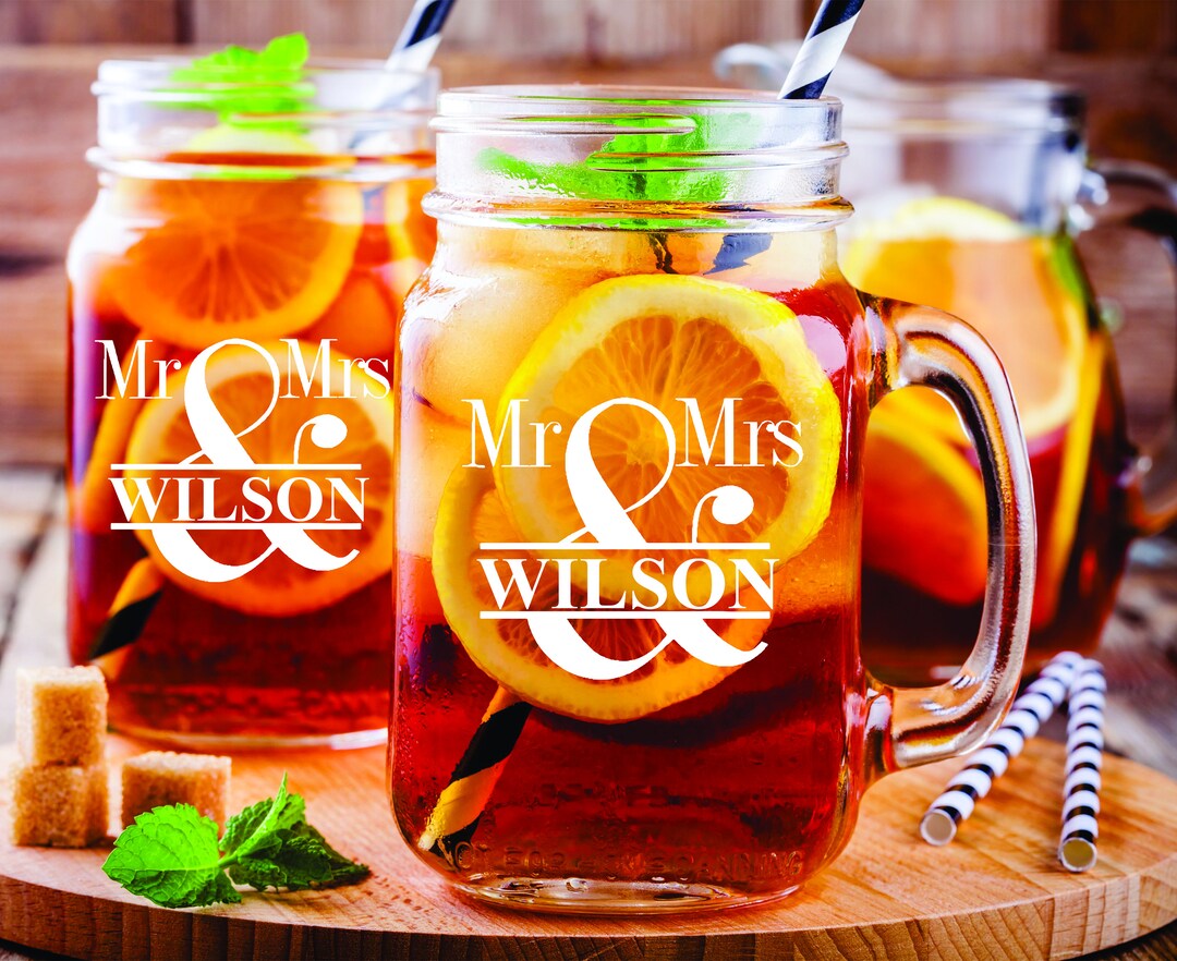 Mr and Mrs Mason Jar Glass With Handle , Personalized 2 Pc Set Mason
