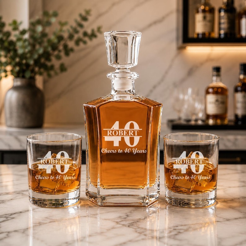 May include: A personalized whiskey decanter and two glasses with the text "ROBERT" and "40 Cheers to 40 Years" etched in white. The decanter is filled with amber liquid and has a crystal stopper. The glasses are filled with ice and amber liquid.