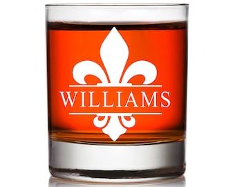 Engraved Fleur De Lis Monogram Whiskey Glass, Custom Monogram Rocks Glass Gift ,Wedding Party Gift, Engraved Groomsman Custom Whiskey Glass,