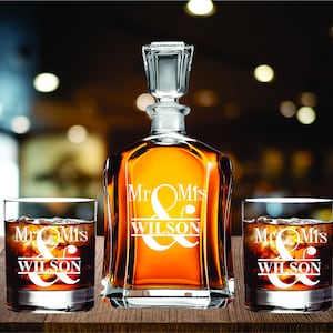 Mr and Mrs Wedding Gift for couples Monogram Whiskey Decanter image 3