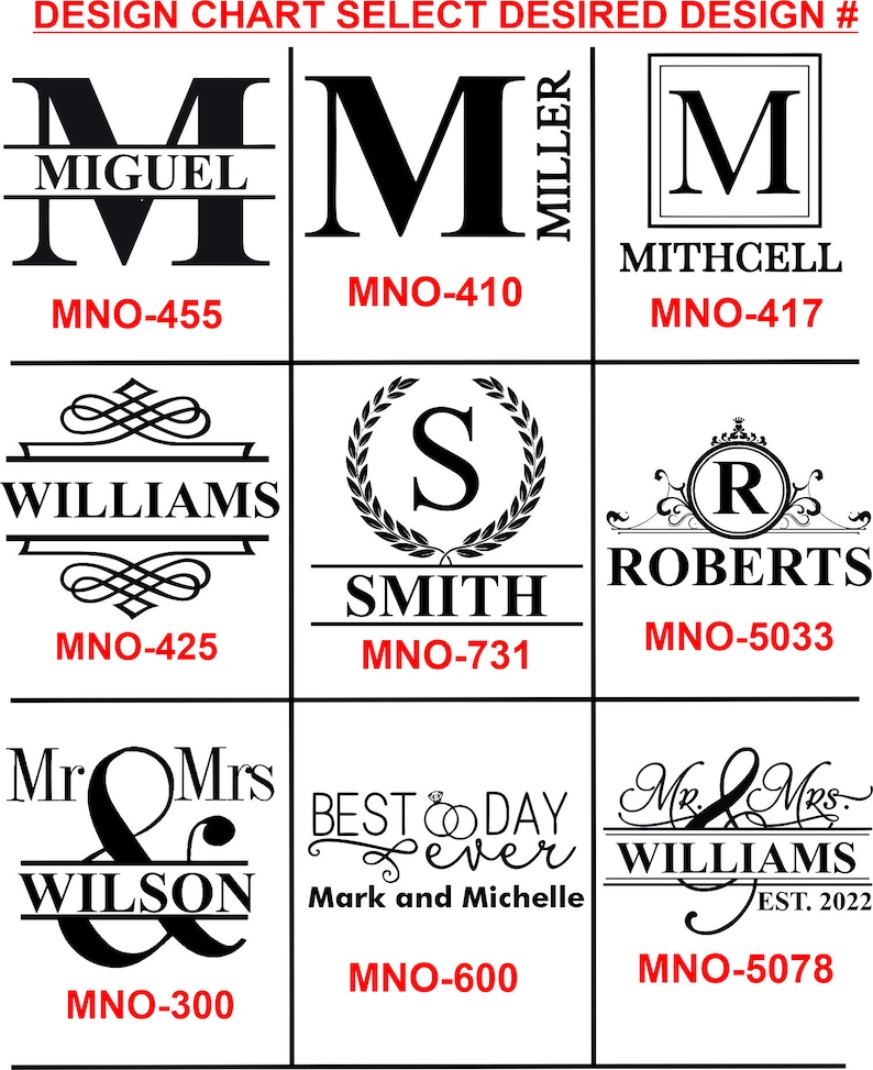 May include: Design chart featuring various monogram and name designs in black. The chart includes options like initials, names, and phrases such as "Best Day Ever." Each design is labeled with a unique MNO number for selection.