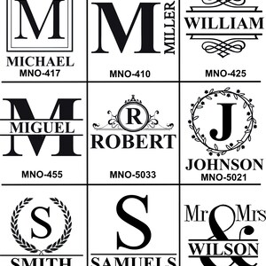 May include: A chart displaying various monogram and name designs in black and white. The designs include initials, names, and combinations, such as "Mr & Mrs Wilson". Each design is labeled with a unique code.