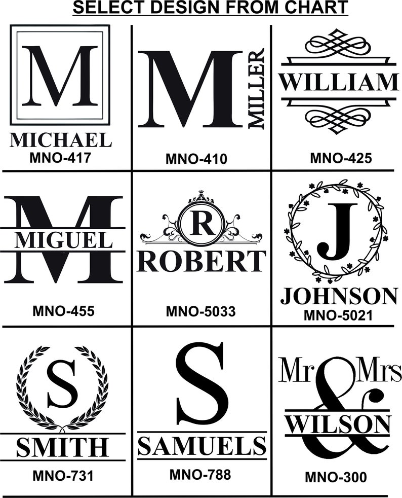 May include: A chart displaying various monogram and name designs in black and white. The designs include initials, names, and combinations, such as "Mr & Mrs Wilson". Each design is labeled with a unique code.