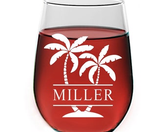 Personalized Stemless Wine Glass, Palm Tree Wine Glass, Split Monogram Wine glass, Custom wine glass Bridesmaid Gift, Engraved Wine Glass