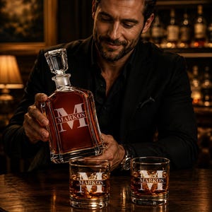 May include: A crystal whiskey decanter and two matching glasses with the name "MARKOS" etched in white. The decanter is being poured into a glass. The glasses and decanter are filled with amber liquid. The scene is set in a dimly lit bar.