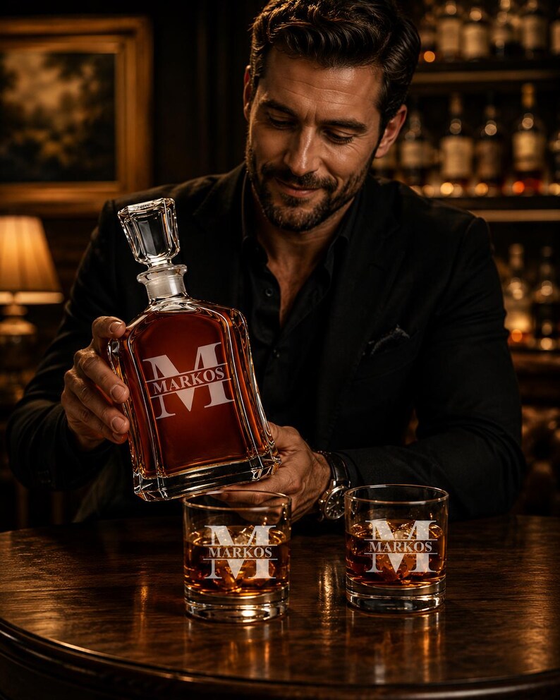 May include: A crystal whiskey decanter and two matching glasses with the name "MARKOS" etched in white. The decanter is being poured into a glass. The glasses and decanter are filled with amber liquid. The scene is set in a dimly lit bar.